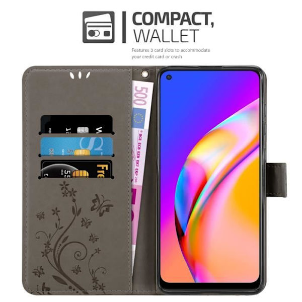 Coque för Oppo A94 5G - CADORABO - Grå Blommig - Syntetläder - Ställfunktion - Kortfack Blommig grå