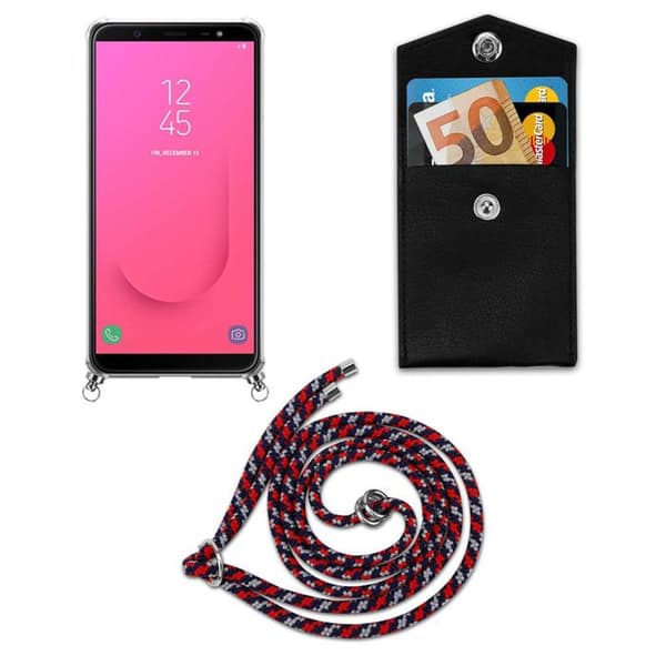 Skydd för Samsung Galaxy J8 2018 med axelrem i RÖD BLÅ VIT med justerbar snodd Blå