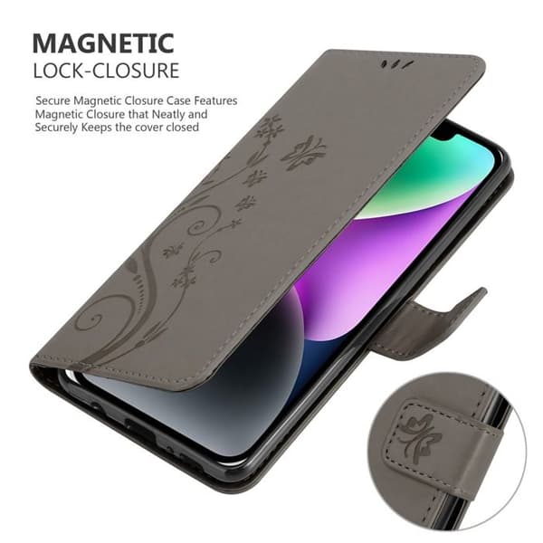 Fodral med lock för iPhone 14, Etui i GRÅTT BLOMMÖNSTER, Skyddande Blommönster Plånbok Grå