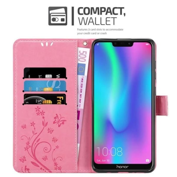 Etui för Honor 8C - CADORABO - ROSA FLEUR - Syntetiskt läder - Ställfunktion - Kortfack ROSENFLORTLAR