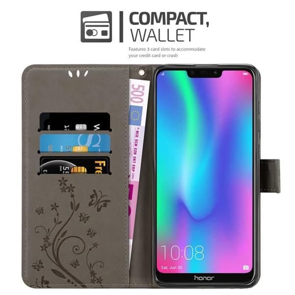 Fodral med lock för Honor 8C, Grå Blommig Design, Plånboksfodral Grå