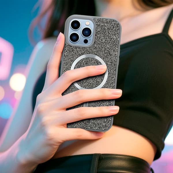 iPhone 13 PRO-fodral i GRÅ Stötsäker Magsafe-kompatibel med diamantglitter Grå