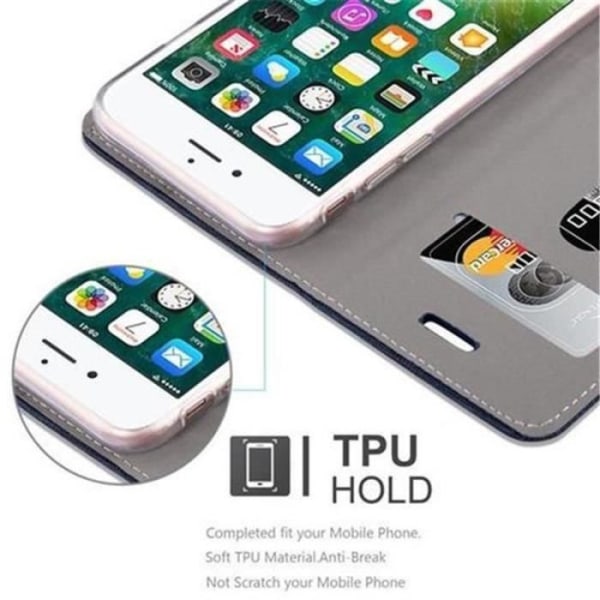 Cadorabo Fodral för Apple iPhone 8/7/7S MÖRKBLÅ BRUNT TYG-FAUX LÄDER Magnetisk Fodral Skydd Stöder Stand Card Slot