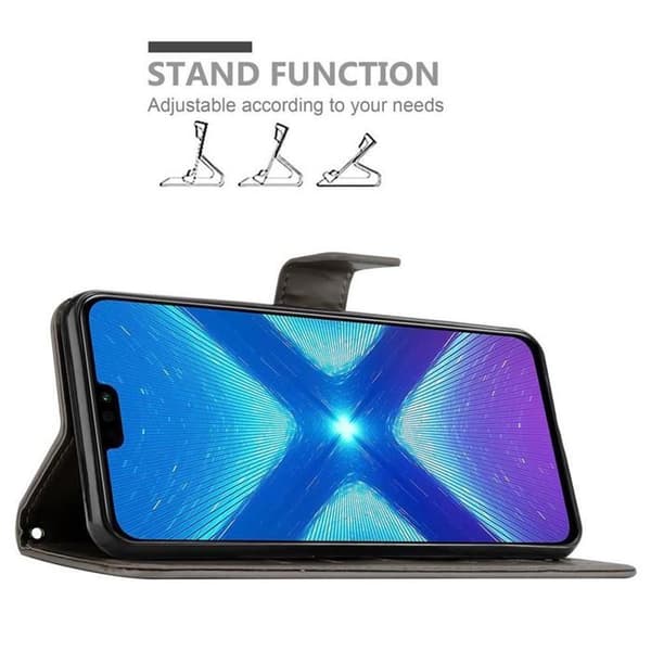 Fodral med lock för Honor 8X Etui i GRÅTT BLOMMÖNSTER Skydd Design Blommig Plånbok Grå