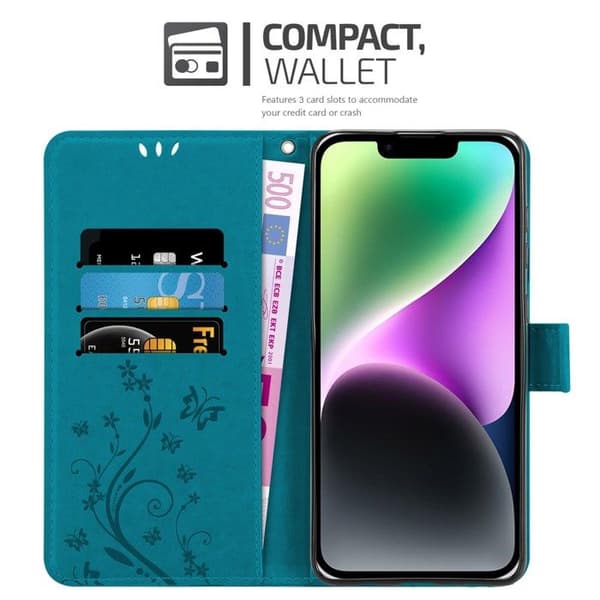 Fodral med lock för iPhone 14 PLUS Etui i BLÅ BLOMSTER Design Floral Plånbok Blå