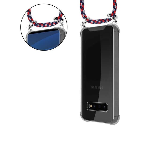 Mobilskal för Samsung Galaxy S10 PLUS med axelrem i RÖD BLÅ VIT med justerbar snodd Blå