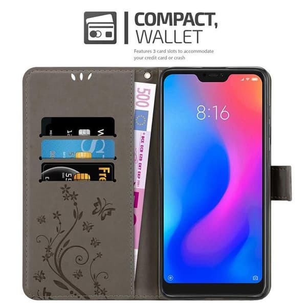 Fodral med lock för Xiaomi RedMi NOTE 6 PRO Etui i GRÅ BLOMMÖNSTER Skydd Design Blommig Plånbok Grå