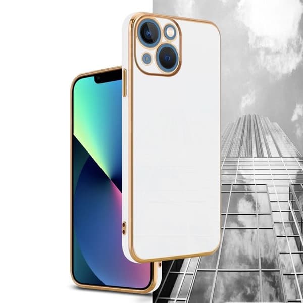 iPhone 14 PLUS Fodral Glansig Vit - Guld med skydd för kameran Vit