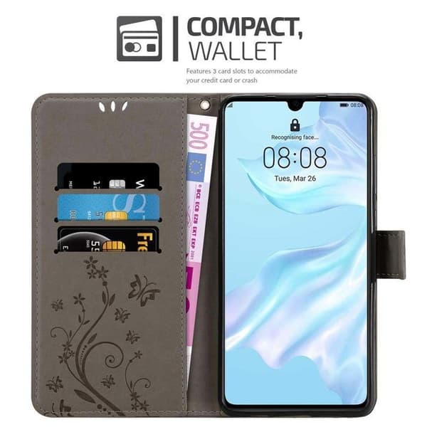 Fodral med lock för Huawei P30, Grå Blommig Design, Plånboksfodral Grå