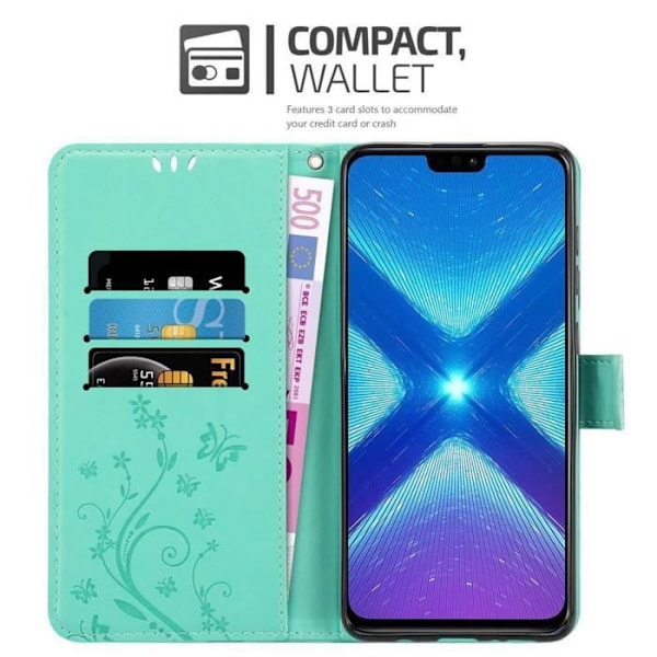 Honor 8X fodral turkos blommig Cadorabo i konstläder med stativfunktion och kortplatser Turkos