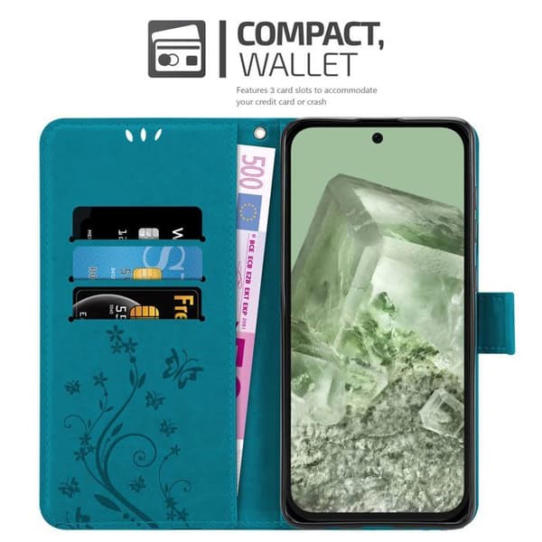 Fodral med lock för Google Pixel 8A Etui i BLÅ BLOMSTER Design Floral Plånboksskydd Blå