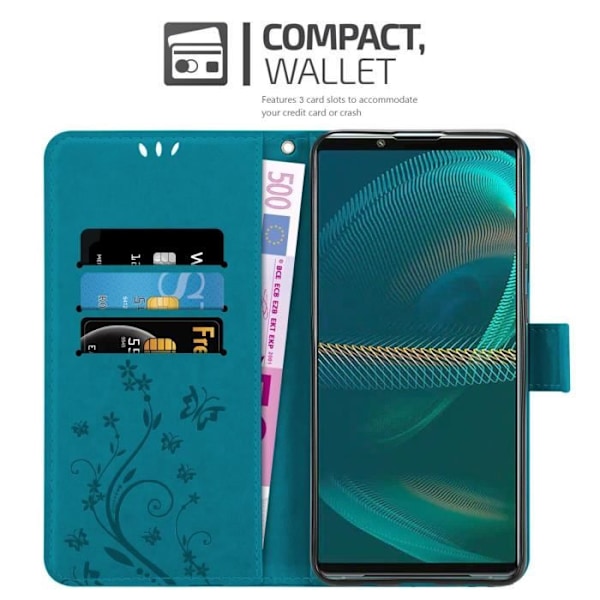 Coque för Sony Xperia 5 III - CADORABO - Blomsteretui - Syntetiskt läder - Ställfunktion - Plats för kort BLOMMA BLÅ