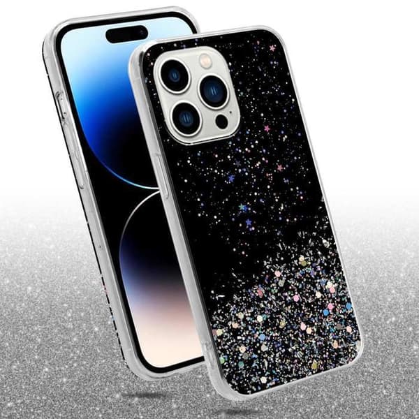 iPhone 14 PRO MAX Skal Svart med Glitter Skydd Design Glittrande Svart