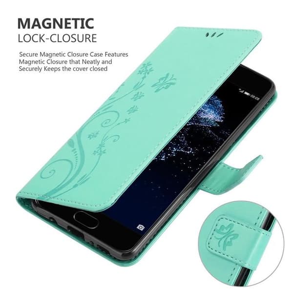 Fodral med lock för Huawei P10, Turkos Blommönster, Skyddande Design, Plånbok Blå