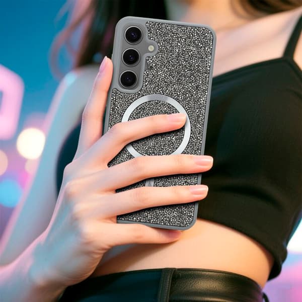 Skyddsfodral för Samsung Galaxy S24 PLUS i GRÅtt Stötsäkert Magsafe-kompatibelt med diamantglitter Grå