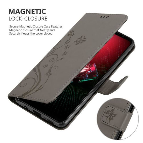 Coque - CADORABO - Asus ROG Phone 5 - Similicuir - Grå Blommönster - Plånboksfodral med Stativfunktion Blommig grå
