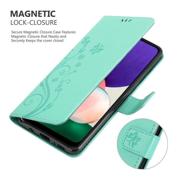 Fodral med lock för Samsung Galaxy A22 5G Etui i TURKOS BLOMMÖNSTER Skydd Design Blommig Plånbok Blå