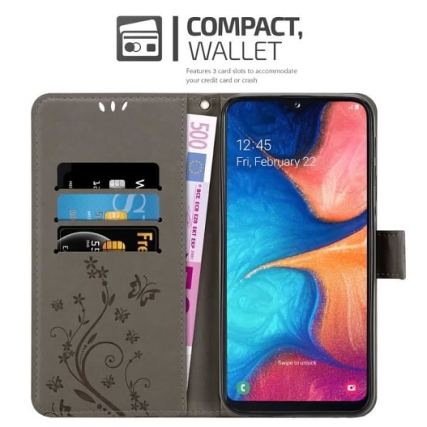 Fodral till Samsung Galaxy A20e - CADORABO - Blomdesign - Imiterat läder - Stativfunktion - 3 kortplatser Grå