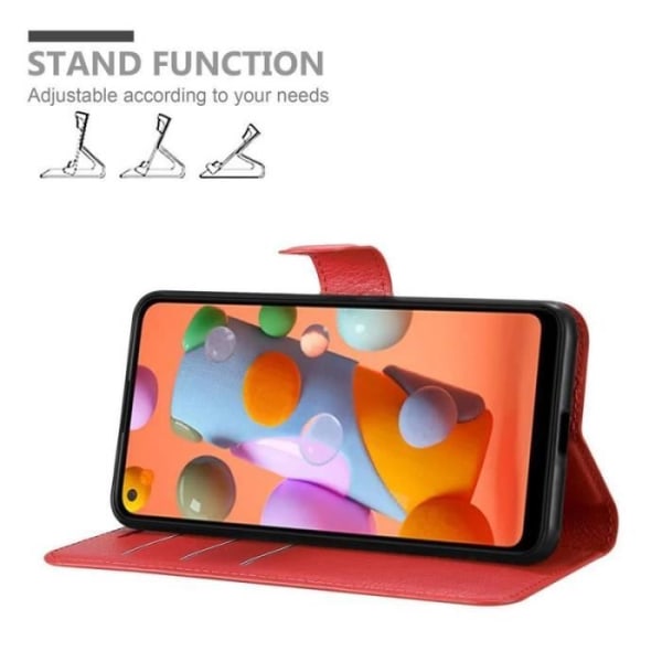 Fodral - CADORABO - Samsung Galaxy A11 - Rött konstläder - Stativfunktion - Kortfack Röd