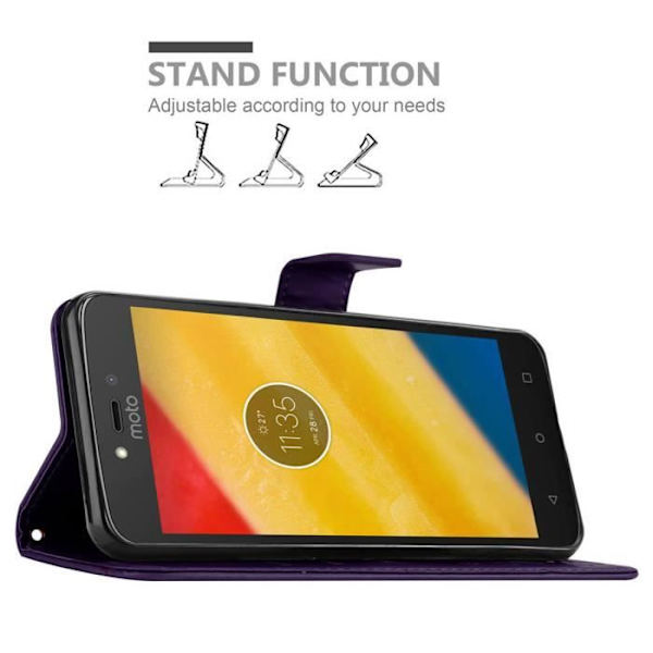 Etui för telefon - CADORABO - Motorola MOTO C PLUS - Syntetläder - Blommig - Ställfunktion Mörklila blommig