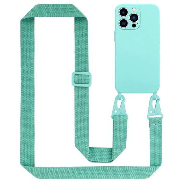 Mobilskal för iPhone 14 PRO MAX med rem i LIQUID TURQUOISE kedja med justerbar snodd