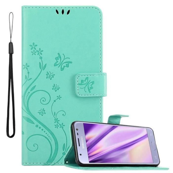 Fodral - CADORABO - Samsung Galaxy J3 2017 - Blommigt konstläder - Magnetisk stängning - Praktiskt stöd Grön