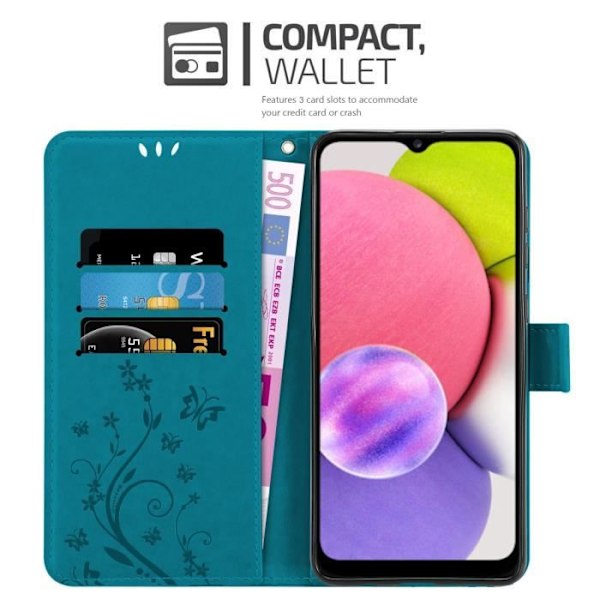 Coque - CADORABO - Samsung Galaxy A03s - Similicuir - Floral - Magnetisk stängning BLÅ