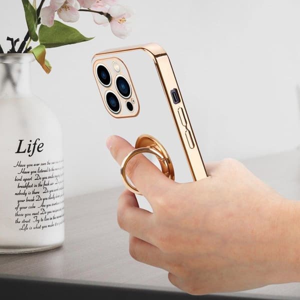 iPhone 14 PRO MAX Fodral Glansig Vit - Guld med kameraskydd Vit