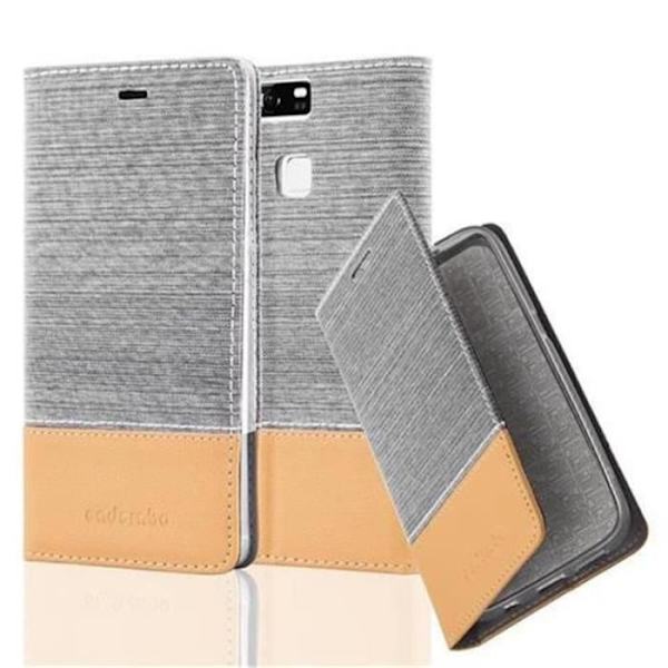 Cadorabo Huawei P9 Fodral i LJUSGRÅ BRUNT TYG - Magnetisk Fodral i konstläder med stativ och kortplats