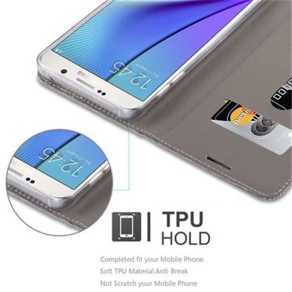 Cadorabo Fodral för Samsung Galaxy NOTE 5 LJUSGRÅ BRUN TYG-IMATISK LÄDER Fodral Fodral Magnetiskt stöder stativkortplats