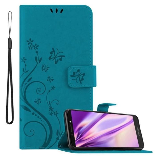 Coque - CADORABO - MOTO E5 PLUS - Simil läder - Blommig - Ställfunktion och plats för kort BLOMMA BLÅ