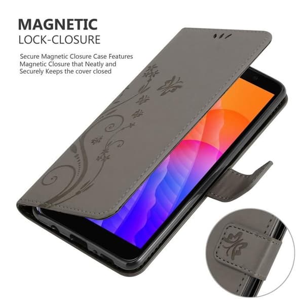 Fodral med lock för Honor 9S / Huawei Y5P Etui i GRÅ BLOMMÖNSTER Skydd Design Blommig Plånbok Grå