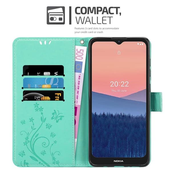 Fodral med lock för Nokia C21, Turkos Blommig Design, Skyddande Plånbok Blå