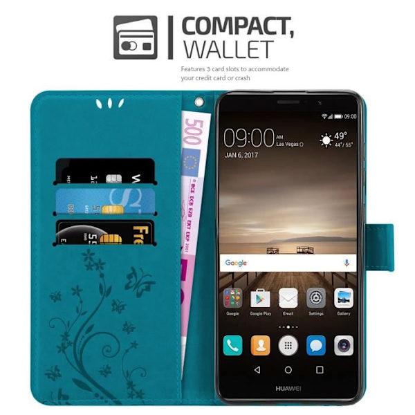 Coque - CADORABO - MATE 9 - Similicuir - Blommig - Ställfunktion och fack för kort Blå