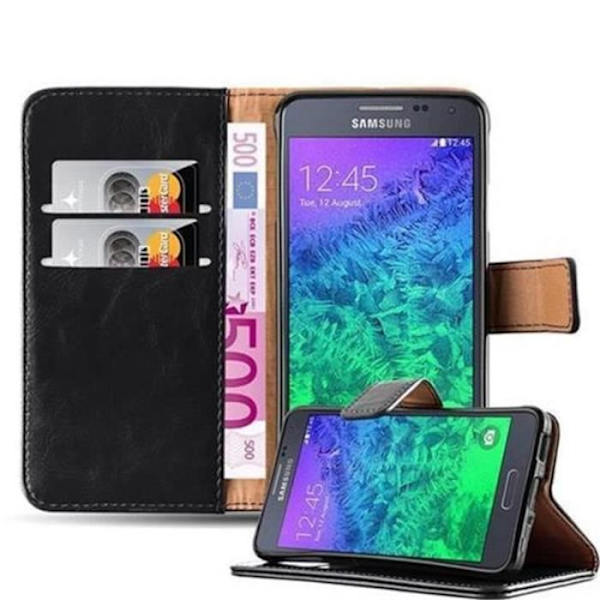 Cadorabo-fodral Samsung Galaxy ALPHA JET SVART LYX Magnetisk skyddsfodral som stöder stativ och kortplats