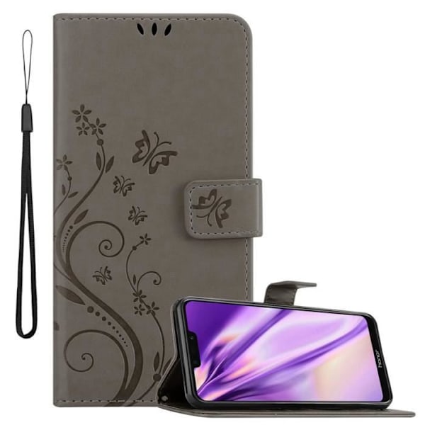 Etui för Honor 8C - CADORABO - Grå Blommig - Syntetläder - Ställfunktion - Platser för Kort BLOMMIG GRÅ