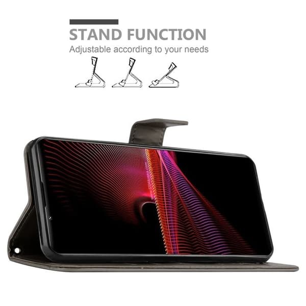 Fodral med lock för Sony Xperia 1 III Etui i GRÅ BLOMMÖNSTER Skydd Design Blommig Plånbok Grå