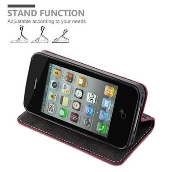 Cadorabo Apple iPhone 4 / 4S Fodral RÖTT SVART Imiterat läder (LÄDER/MOKA) Magnetfodral med stativ och kortplats