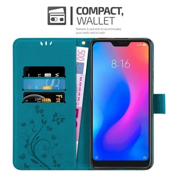 Fodral - CADORABO - Xiaomi Redmi Note 6 Pro - Imiterat läder - Blommönster - Magnetisk stängning Blå