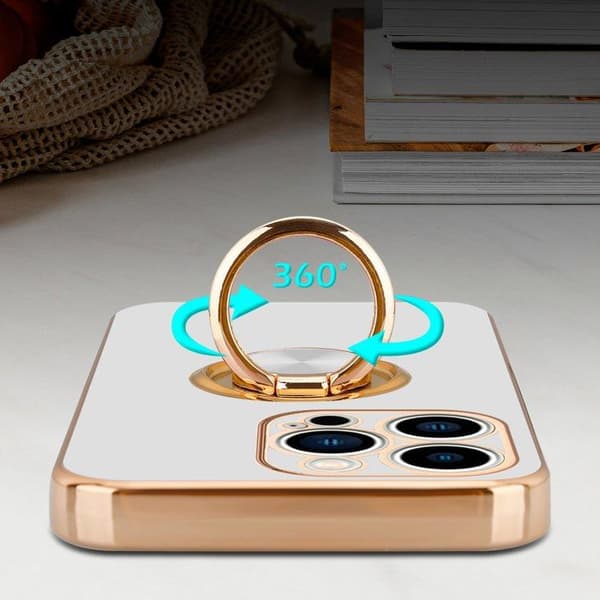 iPhone 14 PRO MAX Fodral Glansig Vit - Guld med kameraskydd Vit