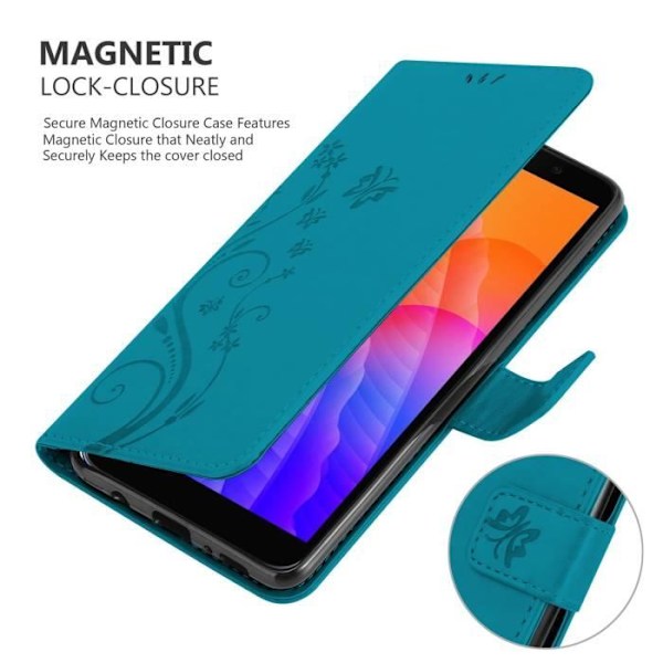 Coque - CADORABO - Honor 9S / Huawei Y5P - Simil läder - Blå Blommor - Plånboksfodral med Ställfunktion BLOMMA BLÅ