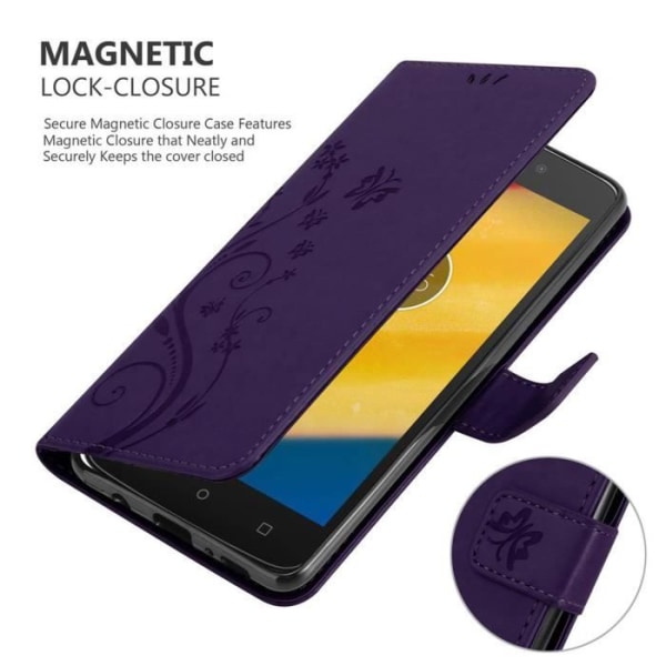 Etui för telefon - CADORABO - Motorola MOTO C PLUS - Syntetläder - Blommig - Ställfunktion Mörklila blommig