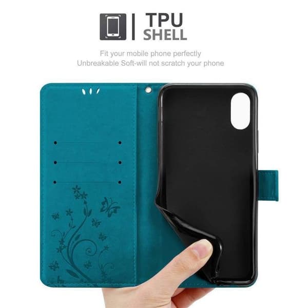 Fodral med lock för iPhone XS MAX Etui i BLÅ BLOMSTER Design Floral Plånbok Blå