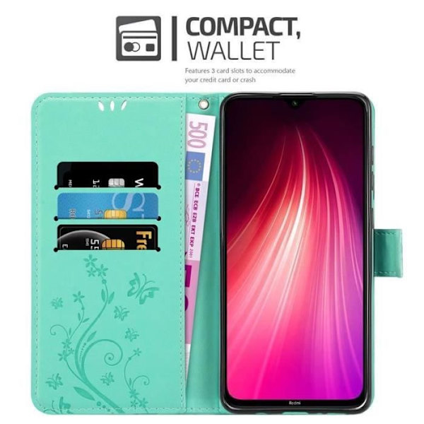 Fodral - CADORABO - Xiaomi Redmi Note 8 - Blommigt konstläder - Magnetisk stängning - Praktiskt stöd Grön