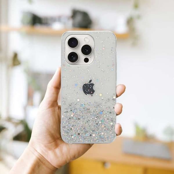 Transparent iPhone 15 PRO MAX-fodral med glitter, skyddande glittrande design Vit