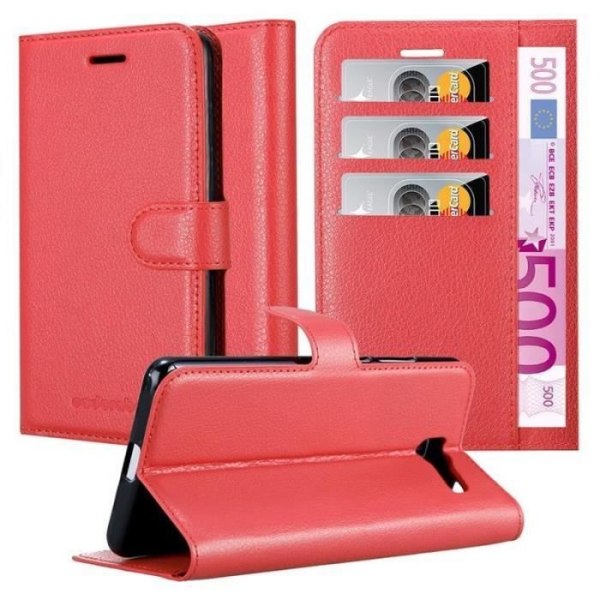 Fodral - CADORABO - Samsung Galaxy J4 PLUS - Rött konstläder - Stativfunktion - 3 kortfack Röd