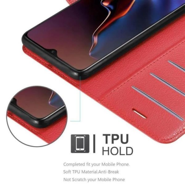 Coque - CADORABO - OnePlus 6T - Röd - Syntetiskt läder - Horisontellt stativ - 3 kortfack Röd