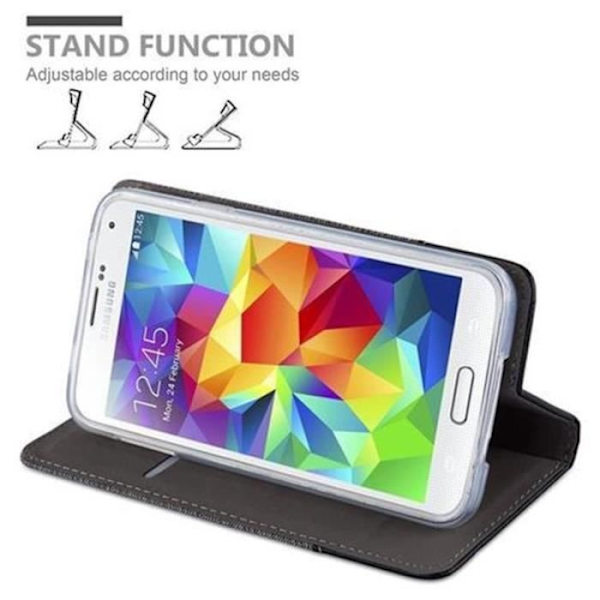 Samsung Galaxy S5 - S5 NEO Fodral i SVART GRÅ från Cadorabo (TYG-LEATHERETTE Design) Helt skyddsfodral med flipskydd