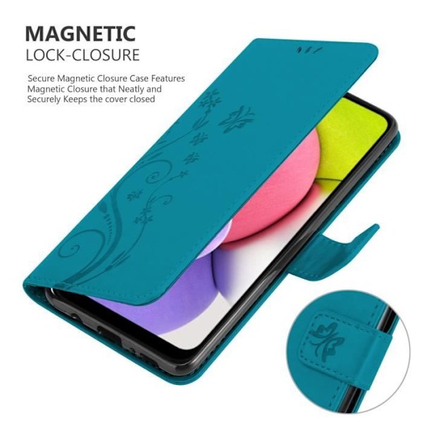 Coque - CADORABO - Samsung Galaxy A03s - Similicuir - Floral - Magnetisk stängning BLÅ