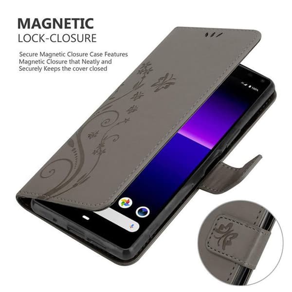 Fodral med lock för Sony Xperia 8 Etui i GRÅ BLOMMÖNSTER Skydd Design Blommig Plånbok Grå